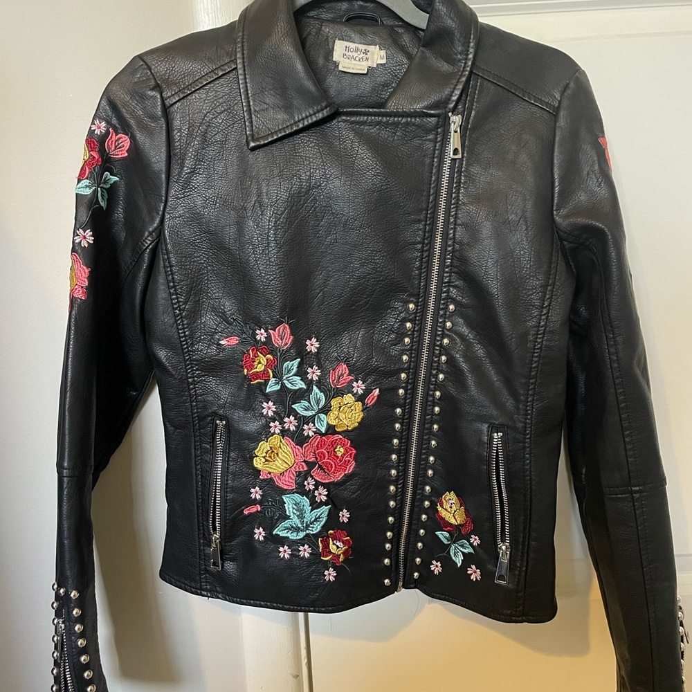 Molly Bracken Black Leather Jacket with Floral Embroidery